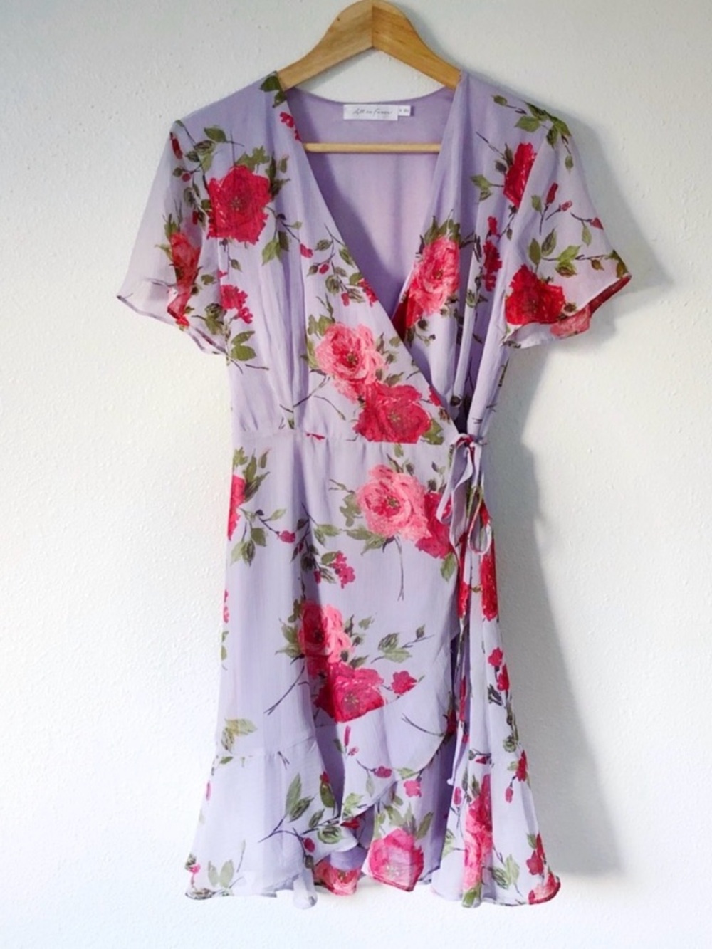 All in Favor Lavender Floral Wrap Dress with Pink Roses